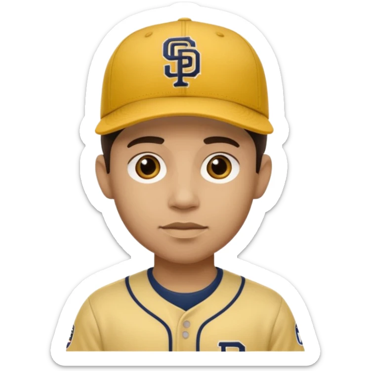 Light skin man  with dark hair short with a brown and and yellow logo  baseball cap and brown and a yellow logo jersey with the padres team colors and logo.  sticker