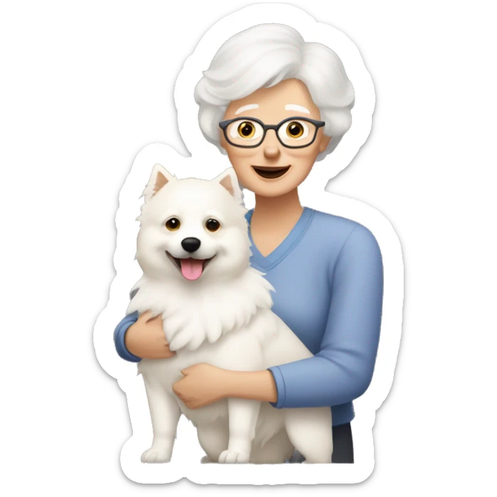 a grandma with short haircut and light blonde hair hugs a white spitz dog sticker