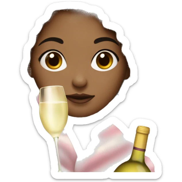girl with light skin tone and pink blankets holding a bottle of white wine  sticker