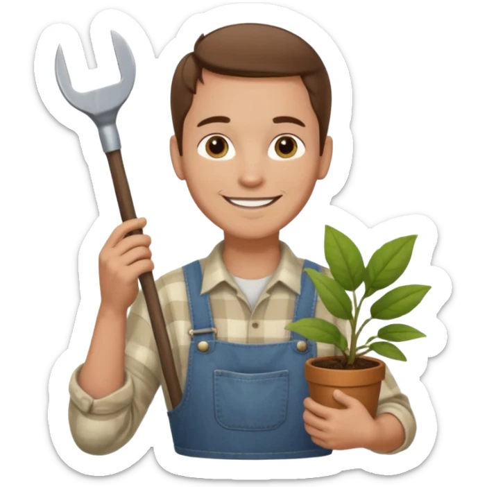 Adult male, light skin, friendly smile, casual farm-style clothes, relaxed posture, holding a plant or small tool, approachable, completely unique from other male roles sticker