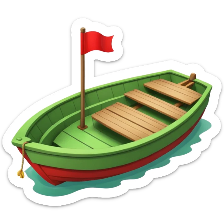 green boat in cartoon having a small place to live and a small red flag on it sticker