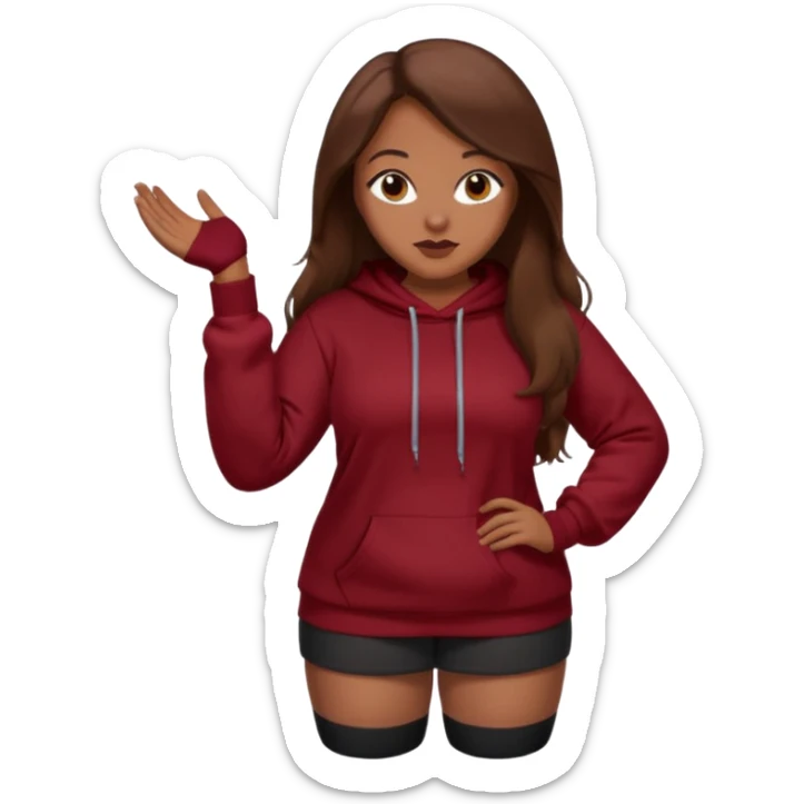 Curvy pretty brown girl with long brown hair, wearing a dark deep red sweatshirt with tall black socks sticker