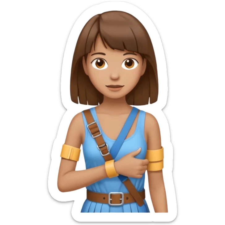create an emoji of a woman with brown hair and a fringe with her right arm in a brace/sling  sticker