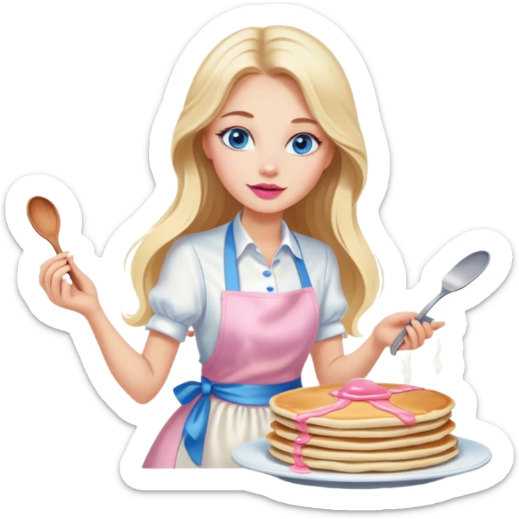 Cinematic realistic beautiful blonde with long hair, blue eyes and pink lips in a white dress cooks pancakes sticker