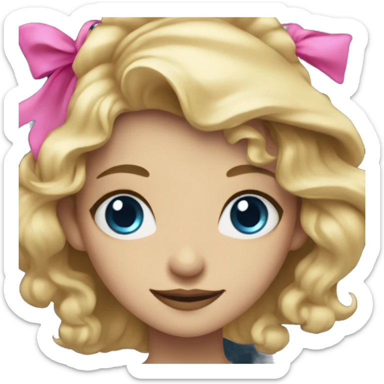 Witchy blonde blue eyed girl smiling, wearing a gold necklace and a black witch hat with a pink bow sticker