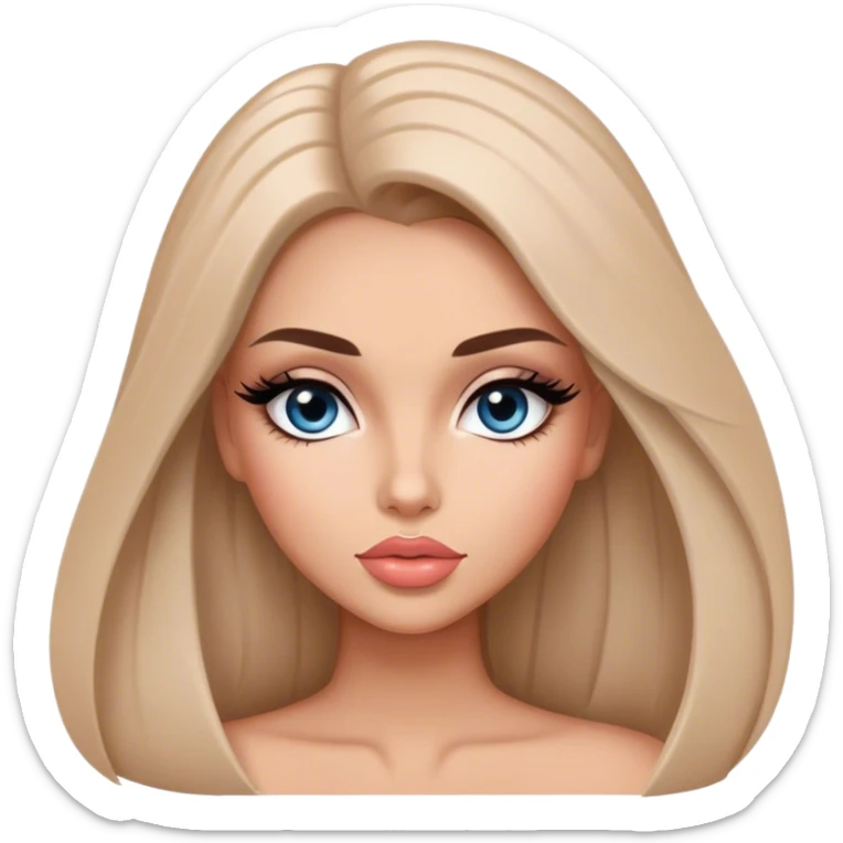 Glamours, tanned, very beautiful girl, with big pump peach-beige-rose lips, long long lashes, black straight smooth silky long hair, straight parting hair, blue-grey eyes sticker