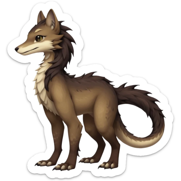 Brown and beige badass elegant wild beautiful natural cute badass epic exotic anthro modern furry 2-legged sergal-vernid-creature, full body, dark-brown-black-gradient pretty hair, with a long tufted tail, aesthetic, art by LiLaiRa, art by art by Falvie sticker
