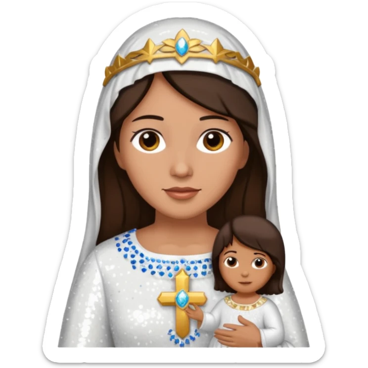Mary, mother of Jesus from The Bible with dark brown hair, white sequin outfit sticker