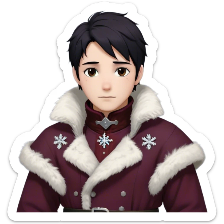 Medieval winter outfit worn by a DnD themed fantasy male character. Heavy maroon wool tunic with rabbit fur trim, featuring a high collar with silver clasps, belted with a sturdy leather strap. Clothes only above the waist, full waist coverage. The character has no arms. Character is white-skinned with raven black hair, deep brown eyes, and short messy hair dusted with snowflakes. sticker