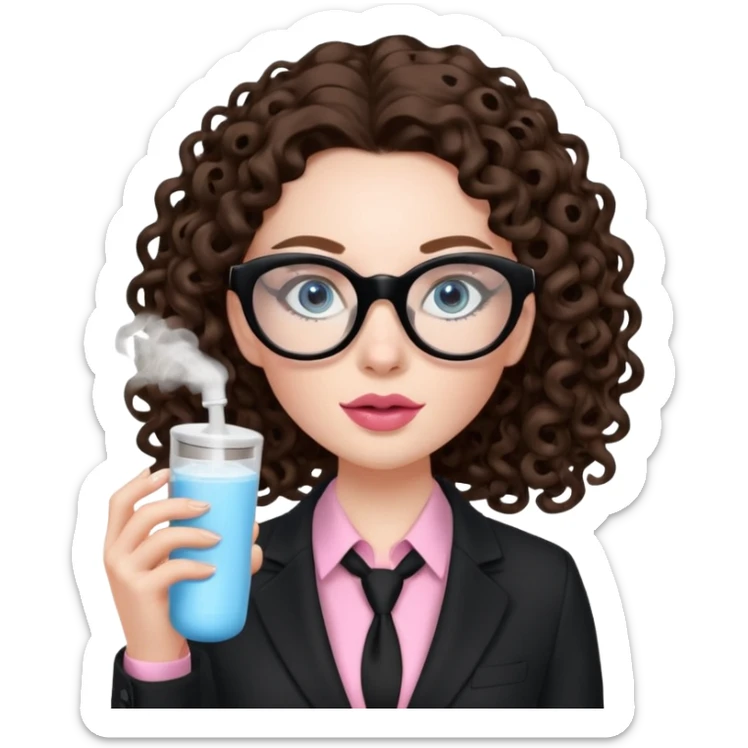 A girl with white pale skin, blue eyes, full lips, brunette long curly hair. She has a leopard print round-ish shaped glasses. She is wearing a all black suit with light pink blouse inside the suit. She is making a self care face mask  sticker