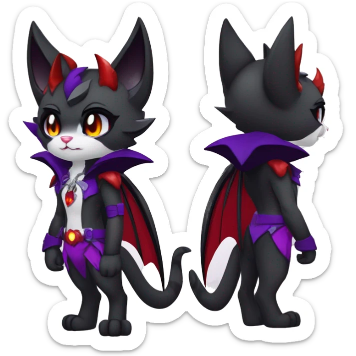 Anthro-Cute-Edgy-Cool-Vampiric-Batty-Cat-Black-Purple-Red-Grey-White-Yellow-Contrast-Colors-Fantasy-Fur-Sona-Chibi-Shiny-Fakémon-Hybrid with horns and fangs and collar full body sticker