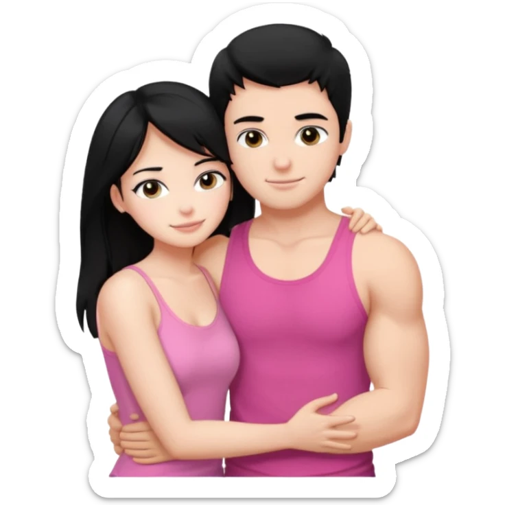 a pretty bratz fair girl. black hair, wearing a pink cami top, she is hugging a handsome fair guy with black hair. lean but muscular. is wearing a black tshirt sticker