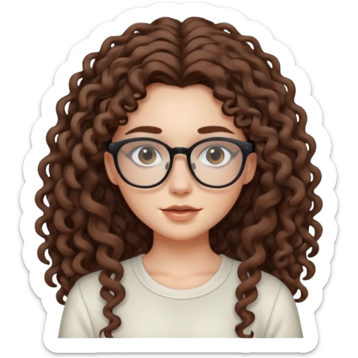aesthetic white girl with cool colored brown, very long curly hair, she wears an offwhite top and her eyes are black , and wears thin small square glasses sticker