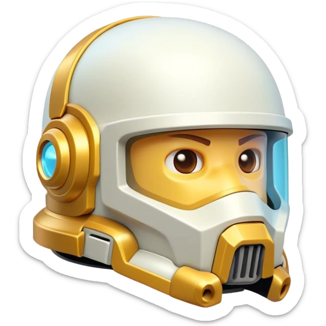 Clash of Clans aesthetic: Cinematic Playful 3D Isometric Space Helmet Emoji, rendered in a 3D vector-style similar to standard emojis with minimal shading and bold, simplified shapes. A compact, distinct form with signature details, softly glowing with a futuristic sci-fi warfare charm. Simplified yet unmistakably iconic, highly detailed and consistent, glowing with a soft radiance and high shine. Stylized with a touch of high-tech brilliance and a soft glowing outline, capturing the essence of a beloved gaming relic with a friendly, playful manner! sticker