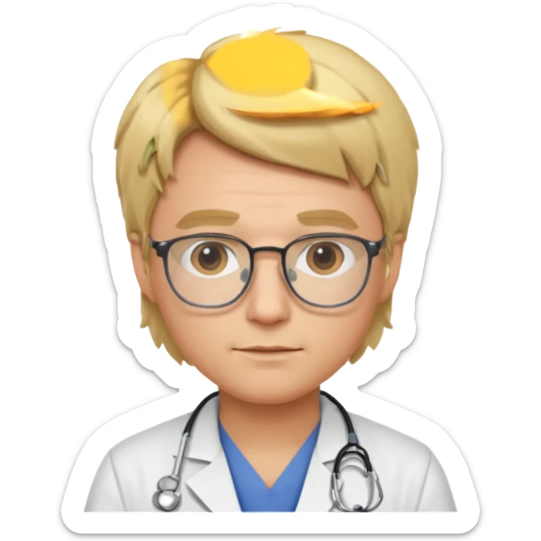 This is a cartoon-style avatar of a doctor with blond hair, glasses, and a neutral expression sticker