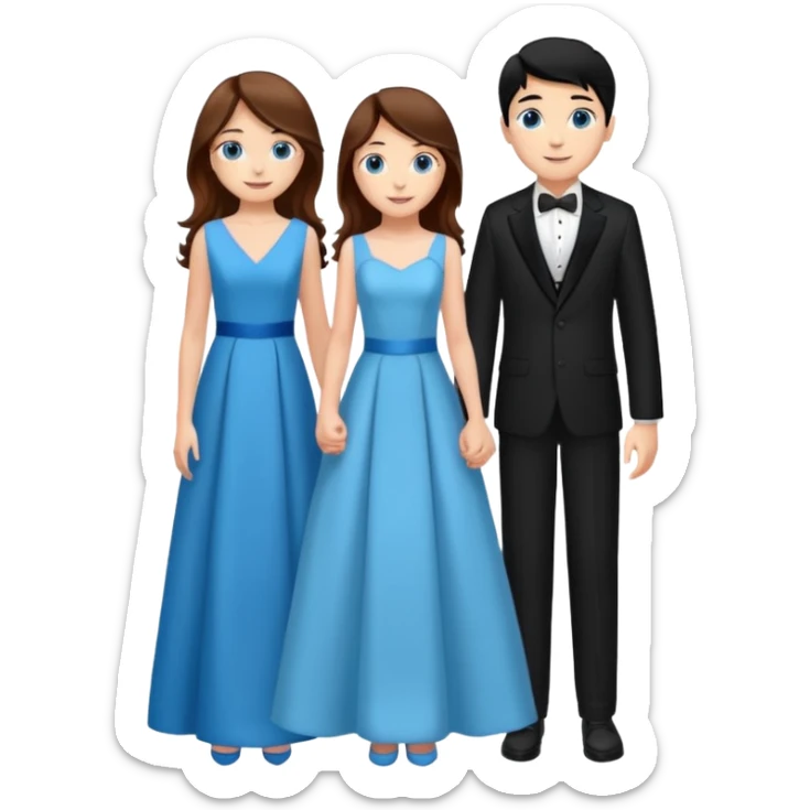 full-length happy couple, girl with long chestnut hair and blue eyes in formal gown, boy with black hair in suit sticker