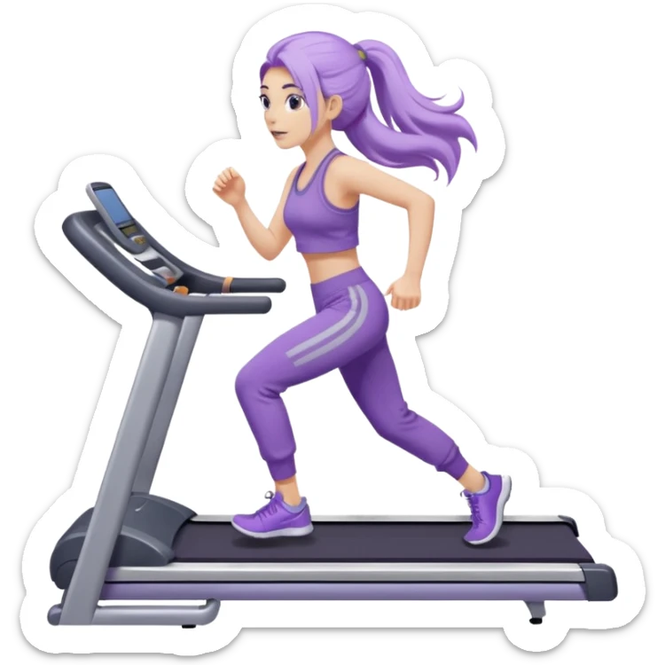 Девушка белокожая на беговой дорожке, с длинными светло-лиловыми волосами, в лиловом топе, в серых спортивных штанах, с черными ресницами sticker