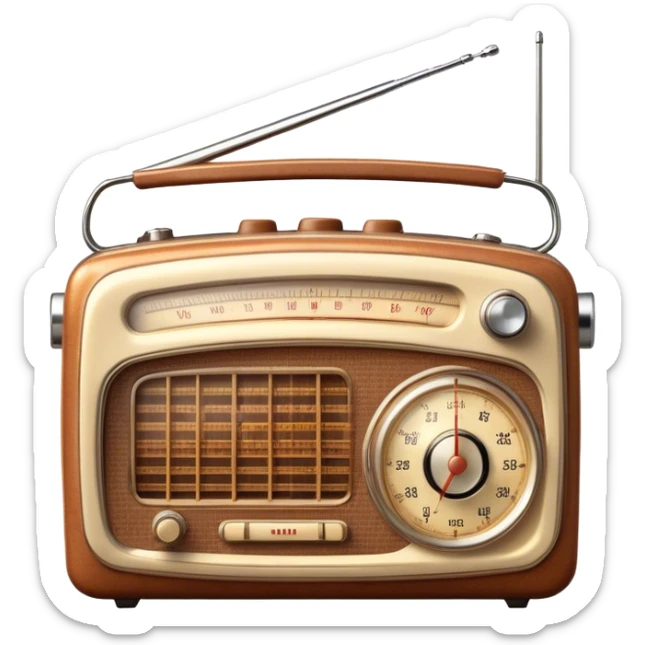 A photorealistic icon featuring an old-fashioned radio with a vintage dial, radio waves emanating from it, and a warm, glowing light. The design includes detailed textures, soft lighting, and nostalgic elements, symbolizing the love for radio broadcasting and music. Transparent background. sticker