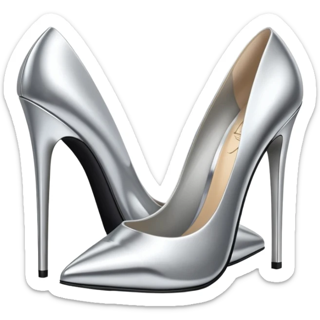 A pair of high heel shoes emoji made of polished silver chrome, elegant sharp silhouette, smooth metallic surface, glossy reflections, luxury sexy vibe, minimalistic iOS emoji style, centered, clean white background sticker
