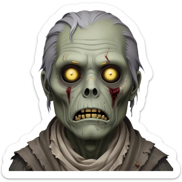 Cinematic Noble Zombie Portrait Emoji, Surprisingly dignified and somber, with a decaying yet strangely regal visage in ashen grays and muted tones, draped in tattered attire hinting at a lost grandeur, simplified yet meticulously detailed, glowing with a soft, eerie radiance and a gentle outline that evokes the tragic nobility of the undead! sticker