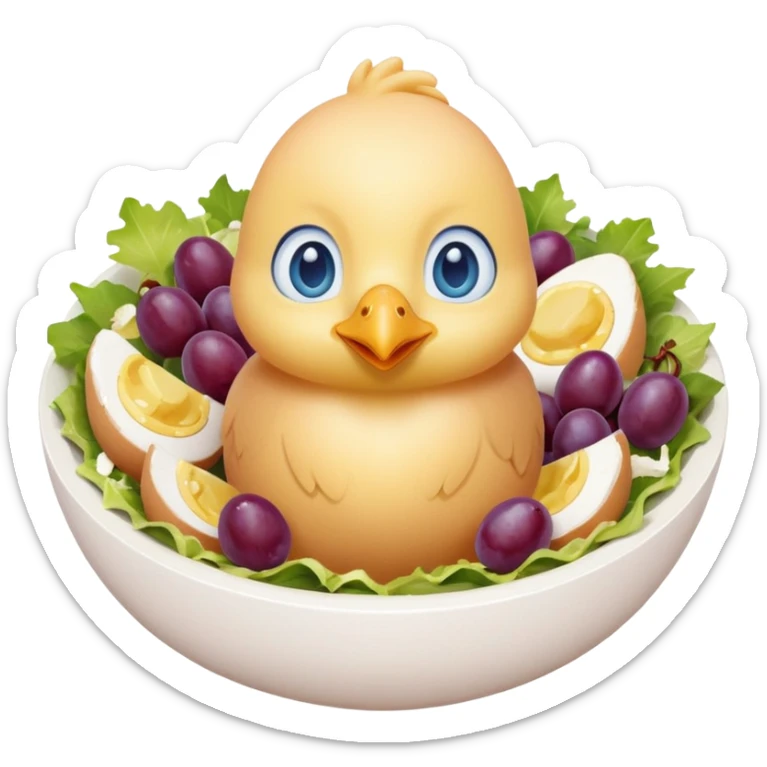 Chick in egg w blue eyes and chicken salad around it w cut up grapes in the salad sticker