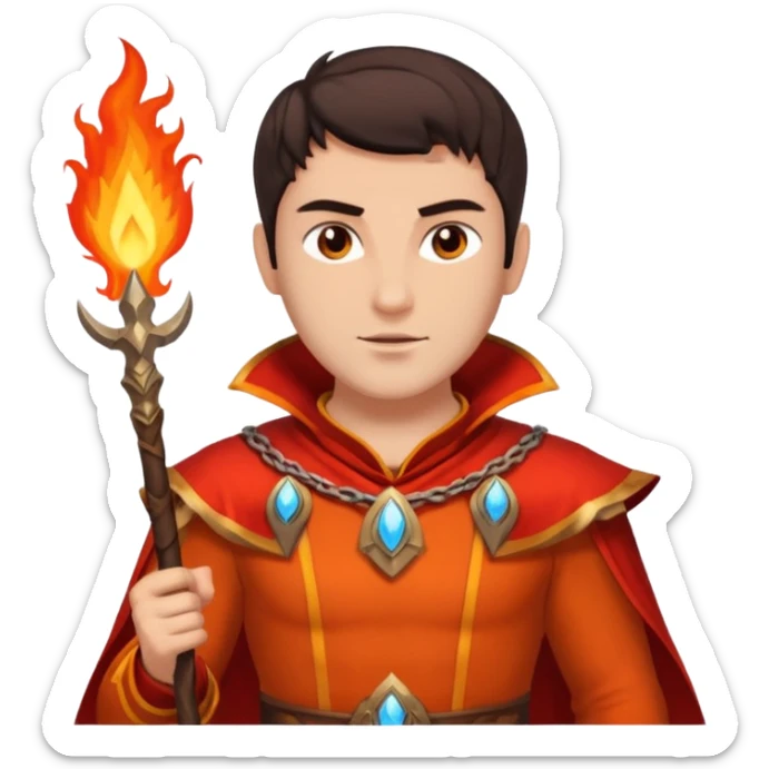 Vulcan, Fire God from Rome Mythology with dark brown hair, orange and red outfit, light tan skin sticker