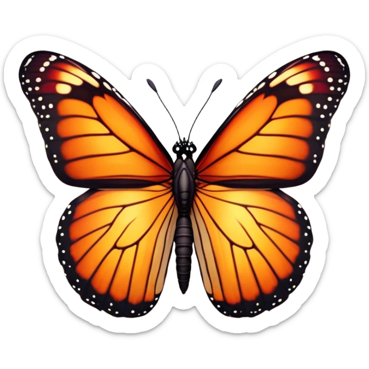 Cinematic Realistic Noble monarch Butterfly Portrait Emoji, Poised and elegant, with delicate, translucent wings rendered in rich ruby and scarlet hues, a slender, graceful body with intricately detailed textures, and soft, reflective eyes, illuminated by natural light, high shine, intelligent and regal, styled with an air of refined natural splendor, focused and attentive, soft glowing outline, capturing the essence of a watchful and confident monarch butterfly that appears to emerge majestically from the screen! sticker