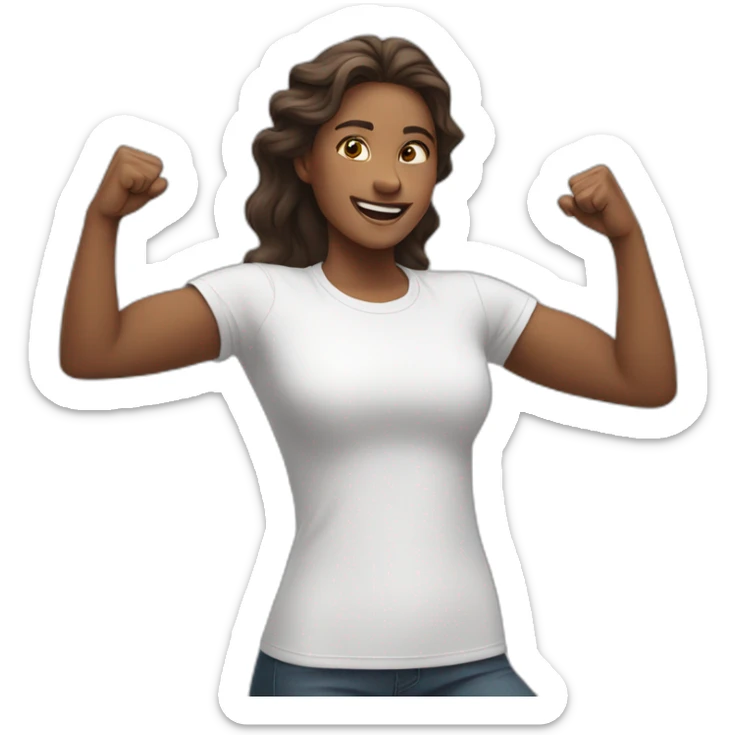 woman in white t-shirt with both fists stretched high in victory sticker