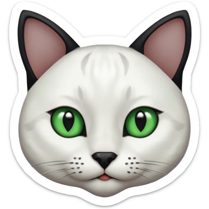 Haz una gata de ojos verdes la cara blanca con mancha negra en las orejas que agarra parte de la frente del lado der pero del iz va desde el ojo hasta la oreja la mancha, tiene la nariz negra en forma de corazón y todo lo que sobra de la cara, barbilla la nariz arriba y el lado de bigotes es blanca sticker