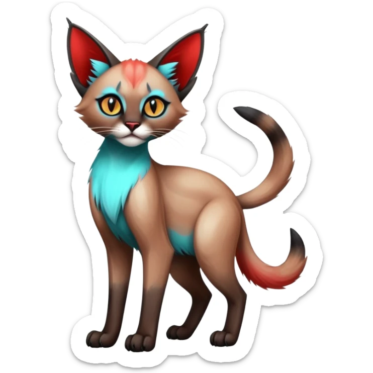 Gothic exotic Red and cyan and black and white and edgy and cute shiny Fantasy-Siamese-Bobcat-Caracal-Lykoi-feline-Fakémon-feline-hybrid (full body) sticker