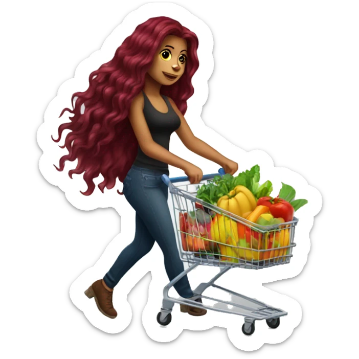 Beautiful tattooed burgundy long haired woman pushing shopping cart sticker