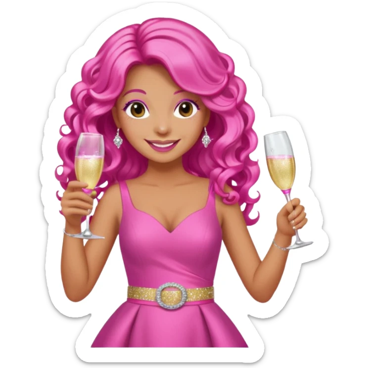 One lady with long hot pink curled hair and tan skin wearing a pink dress with sparkly belt holding a glass of pink champagne in each hand smiling cheerfully  sticker