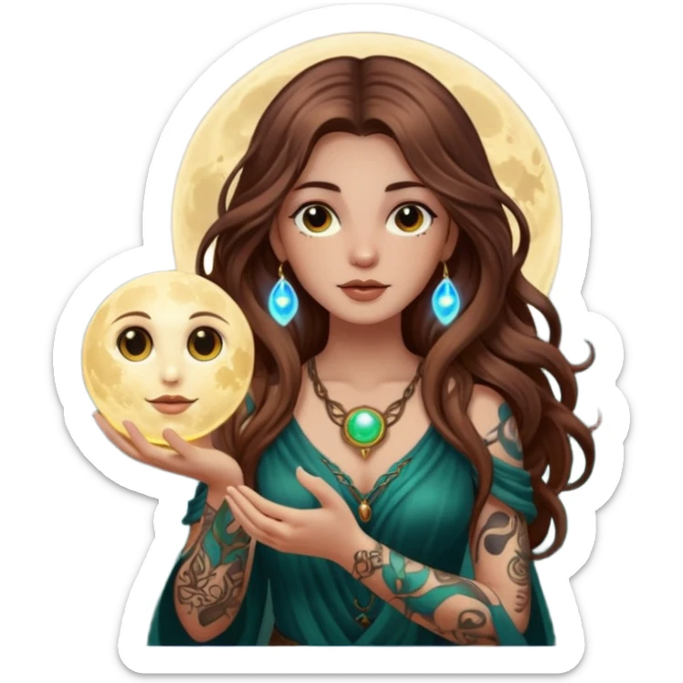 forest mystic woman long wavy brown hair tattoos holding glowing moon orb sticker