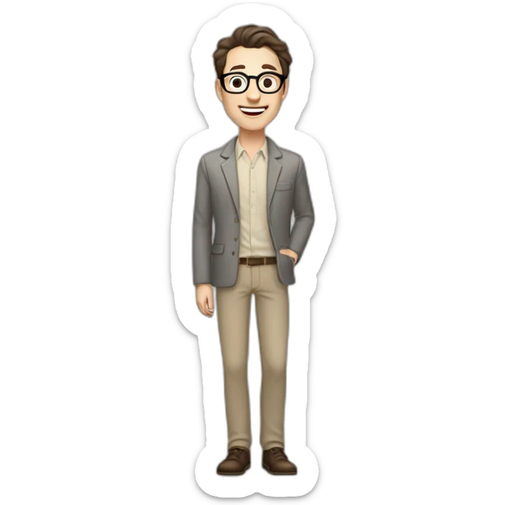 Joyful Full height Pale skinned Fit Man With dark brown hair in gray jacket, beige office shirt, Brown pants and vintage glasses. His thrumbs up sticker