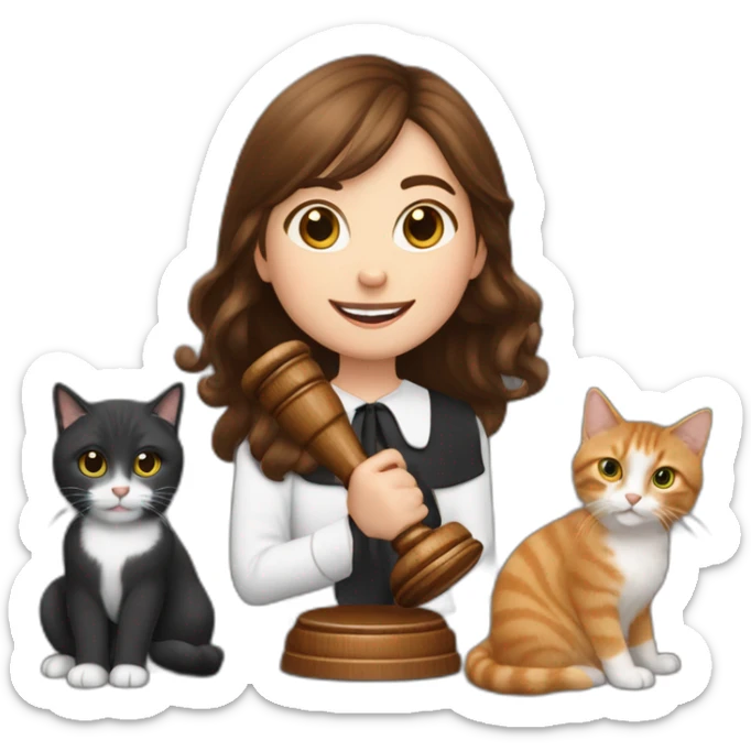 a young girl with brown hair grabbing a Gavel like a judge, and with two cats behind her, one cat black and the other cat snowshoe sticker