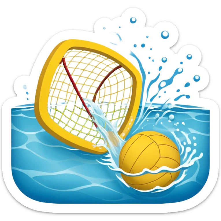 An icon featuring a yellow water polo ball floating on the water with goals in the background, inside a swimming pool. The design includes splashes and ripples, symbolizing the fast-paced action and strategy of water polo. Transparent background highlights. sticker