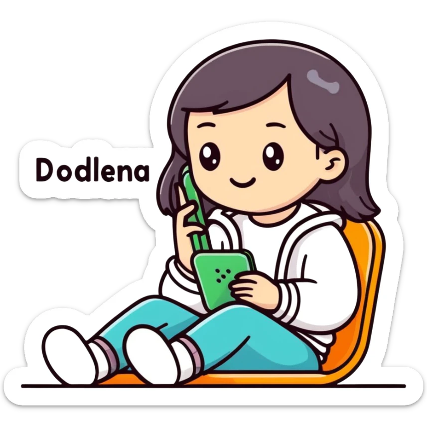 A cartoon-style sticker of a girl sitting in a phone with the text "Доделаем завтра." Use the provided photo as a reference for the character. Add a white outline to the sticker. Style the text to match the cartoon style. sticker