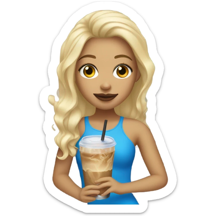 Light skin girl with blonde hair and blue eyes drinking a iced coffee sticker