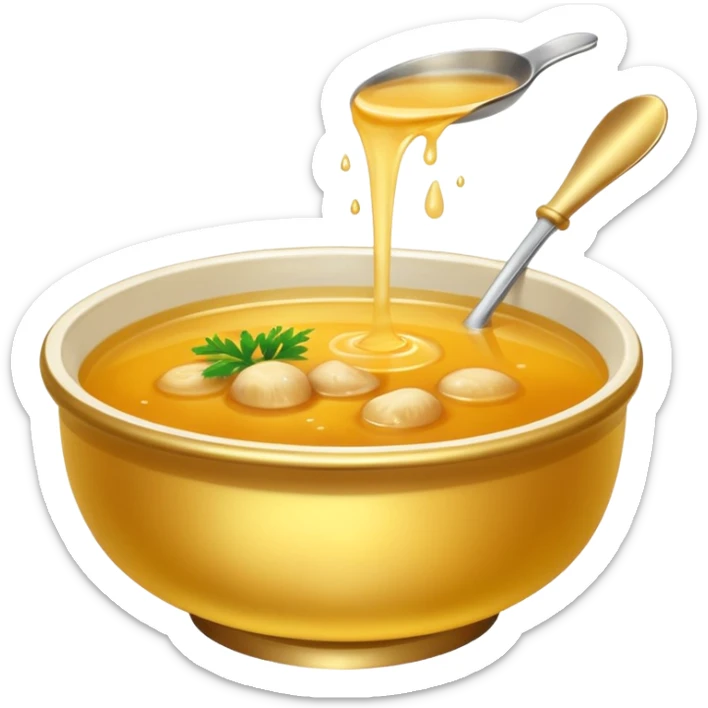 a bowl of golden broth, vibrant gold color, smooth, no spoon, simple, clear sticker