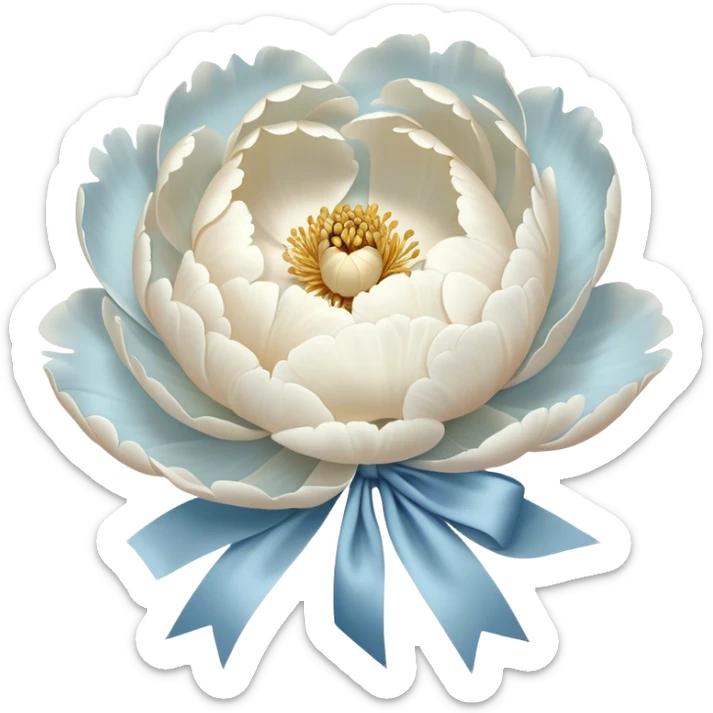 A single oversized peony in the softest shade of ivory sits in the center of a pearl-white canvas, its velvety petals unfolding like a quiet whisper. Wrapped around its stem is a wide, silk bow in a misty blue hue, its fabric pooling slightly onto the surface. The background’s subtle texture reflects light in a way that enhances the depth of the petals, creating an ethereal, almost weightless atmosphere. sticker