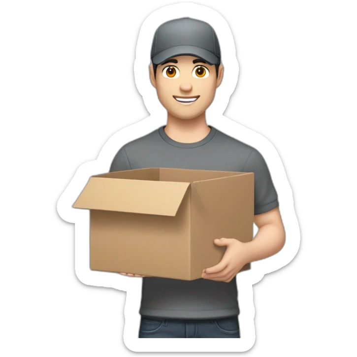 Pale skinned fit Man with black hair in a gray cap and dark gray polo T-shirt keeping a packed box into his hands sticker