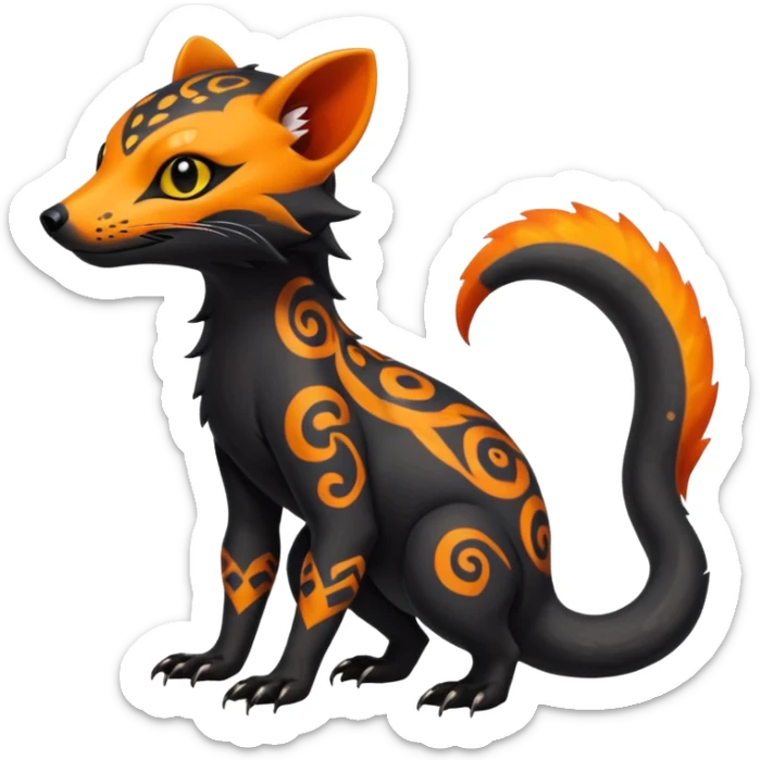 Rare warm-colored exotic edgy cute epic aesthetic spooky dark gothic colorful Salandit-Civet-species-Fakemon-hybrid-creature, with tribal tattoo markings, full body sticker