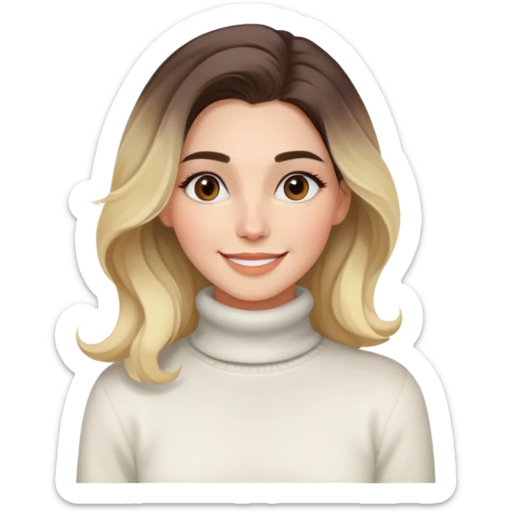 Mujer joven caucasian, cara alargada, cejas suaves, pelo marron oscuro ondulado con puntas rubias, raya al lado. Sonrisa amplia, expresión alegre. Turtle neck white sweater cozy with tea. Ombre hair.  sticker