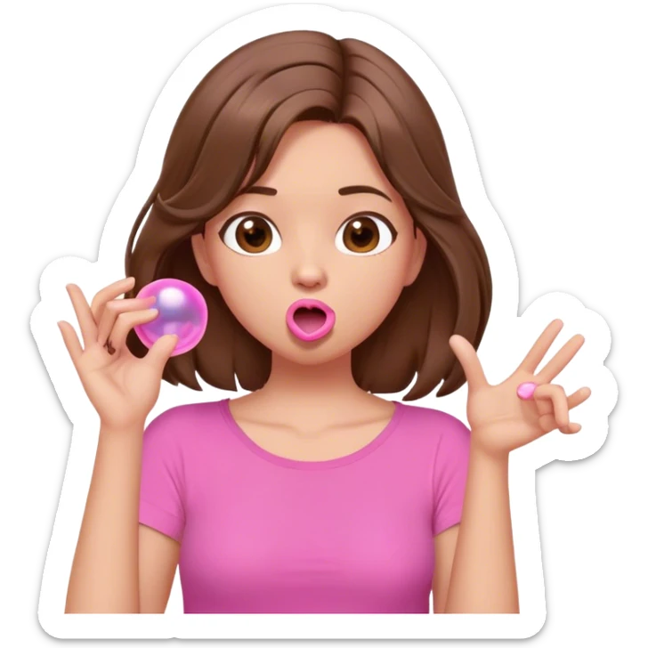 A digital illustration of a cartoon-style woman with shoulder-length brown hair, wearing a pink shirt. She is blowing a pink bubble gum bubble while playfully twirling a strand of her hair with her fingers. Her facial expression is relaxed and carefree. The background is plain white *3d emoji* sticker