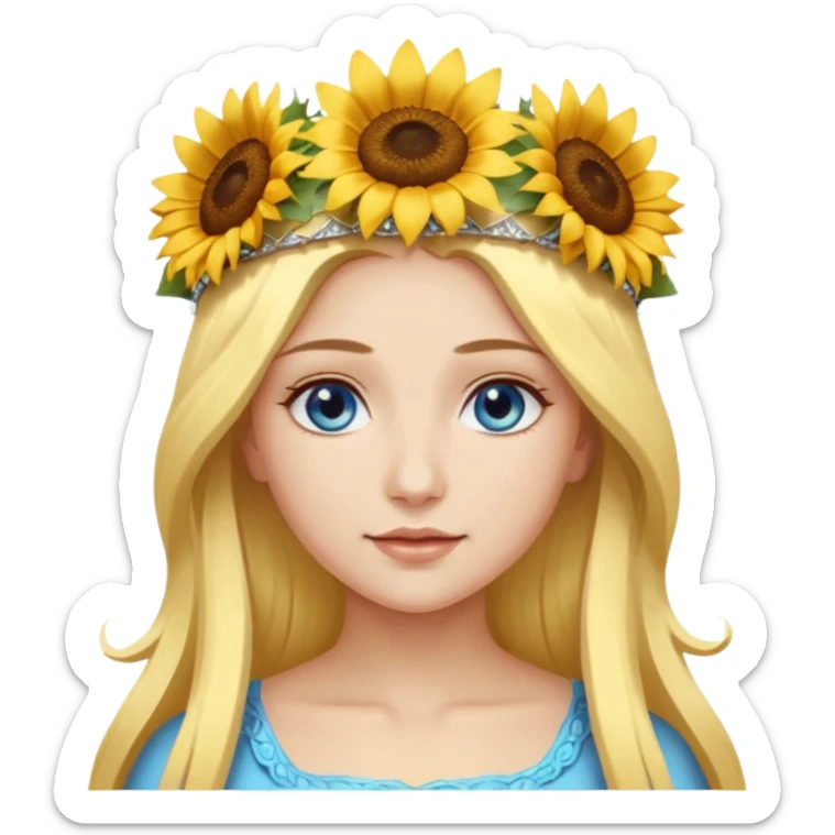 portrait woman long blonde hair blue eyes white skin wearing sunflower halo crown sticker