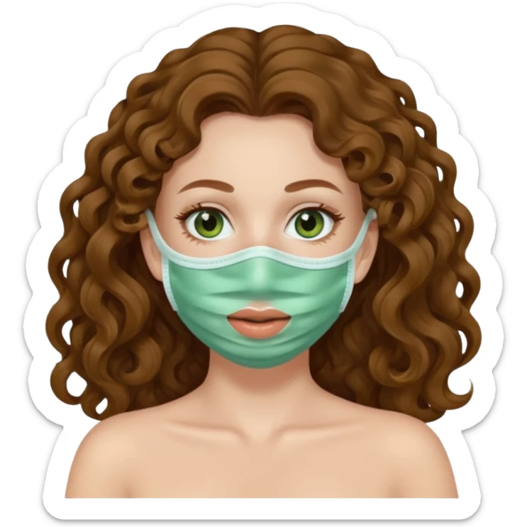 pale white girl with long brown curly hair green spa face mask  sticker