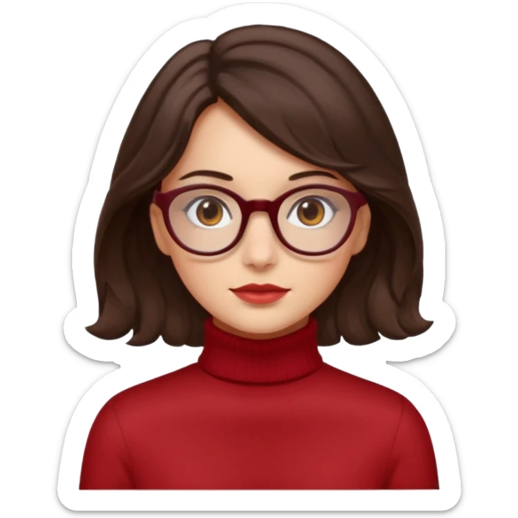 A girl has fair skin wavy dark brown hair, has glasses and almond brown eyes wears red turtle neck sticker