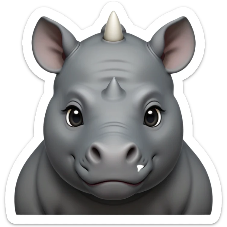 cinematic-noble-cute-young rhino-portrait-emoji,slate-grey-hide-poised-and-regal,-with-a-massive,-powerful-build-and-a-thick,--deep-set-soulful-piercing-eyes,-simplified-yet-sharp-and-sophisticated-features,-highly-detailed,-large-black-eyes, white horn, front facing, zoomed out showing shoulders sticker