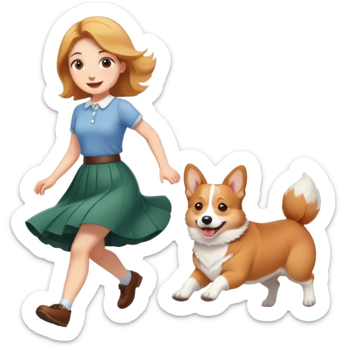 A beautiful girl with fair skin happily chases a corgi in a skirt sticker