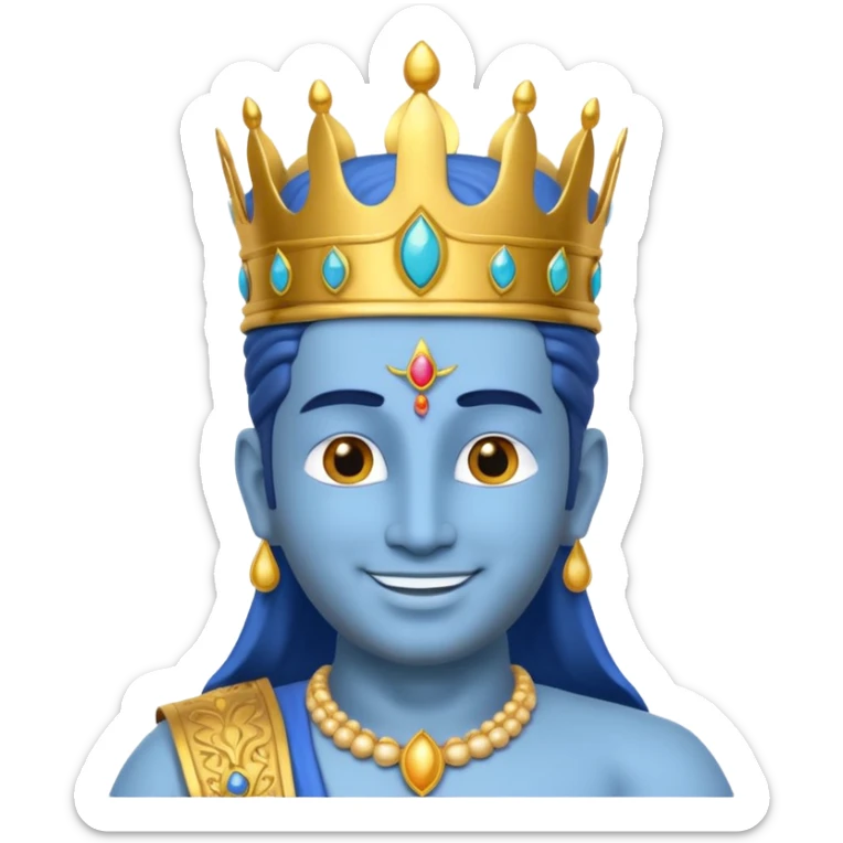 Hindu god Vishnu portrait, head and shoulders only, blue skin, golden crown, sacred jewelry, peaceful smile, divine aura, 3D cartoon, mobile game icon style, clean background, no text, no watermark
 sticker